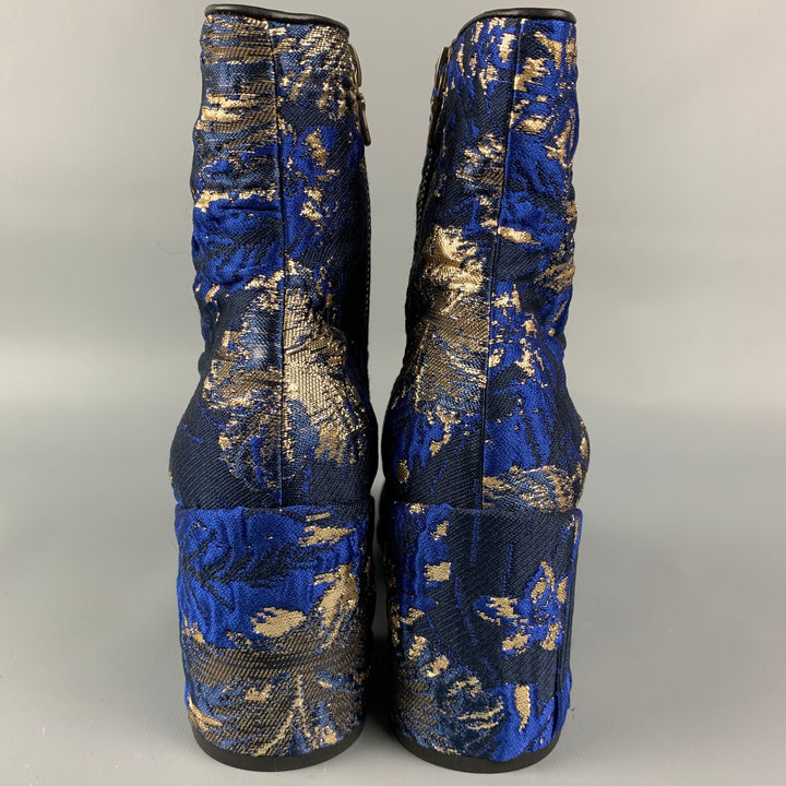 DRIES VAN NOTEN Size 6 Navy & Gold Jacquard Ankle Boots