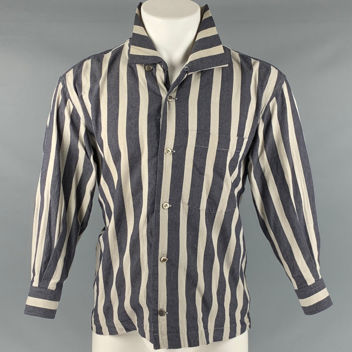 ISSEY MIYAKE Size S Grey Navy Stripe Cotton 3/4 Sleeves Long Sleeve Shirt