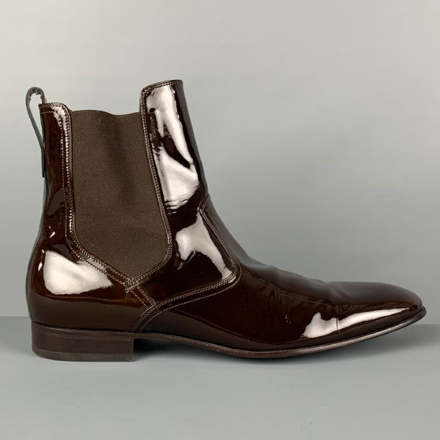 SALVATORE FERRAGAMO Size 10.5 Brown Patent Leather Ankle Boots