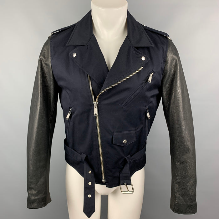 SANDRO Size M Navy & Black Patchwork Cotton Biker Jacket