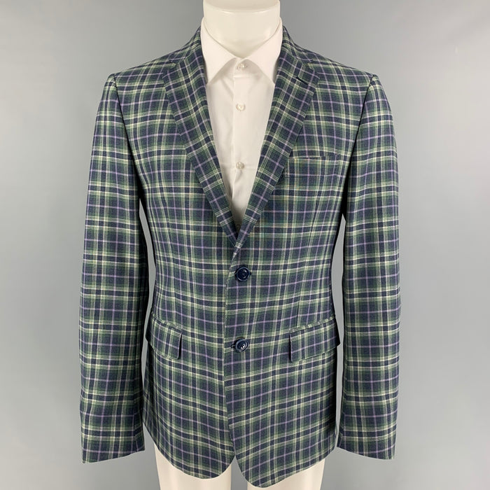 ETRO Size 40 Green Purple White Navy Plaid Wool Sport Coat