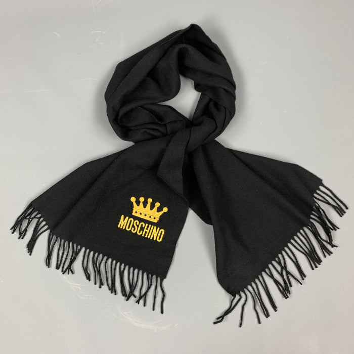 MOSCHINO Black Wool Yellow EMbroidered Crown Logo Fringe Scarf