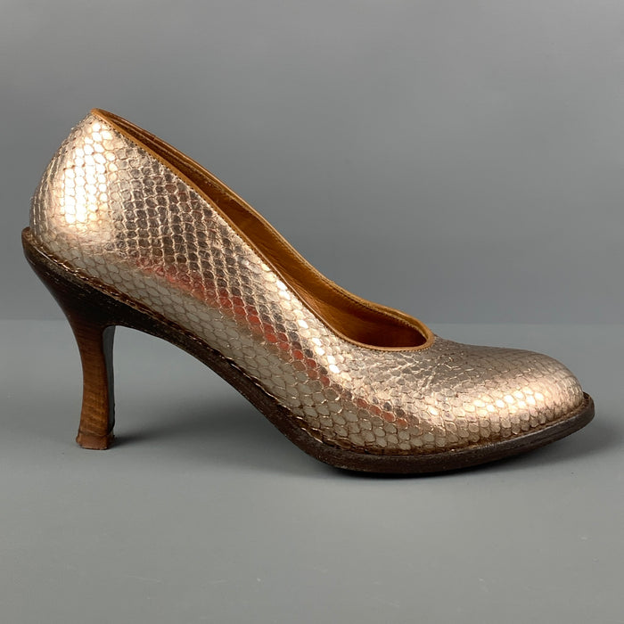 DRIES VAN NOTEN Size 8 Gold Snake Skin Round Toe Pumps