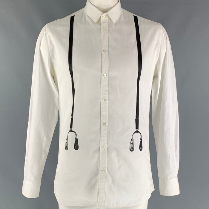 NEIL BARRETT Size L White Black Print Cotton Button Up Long Sleeve Shirt