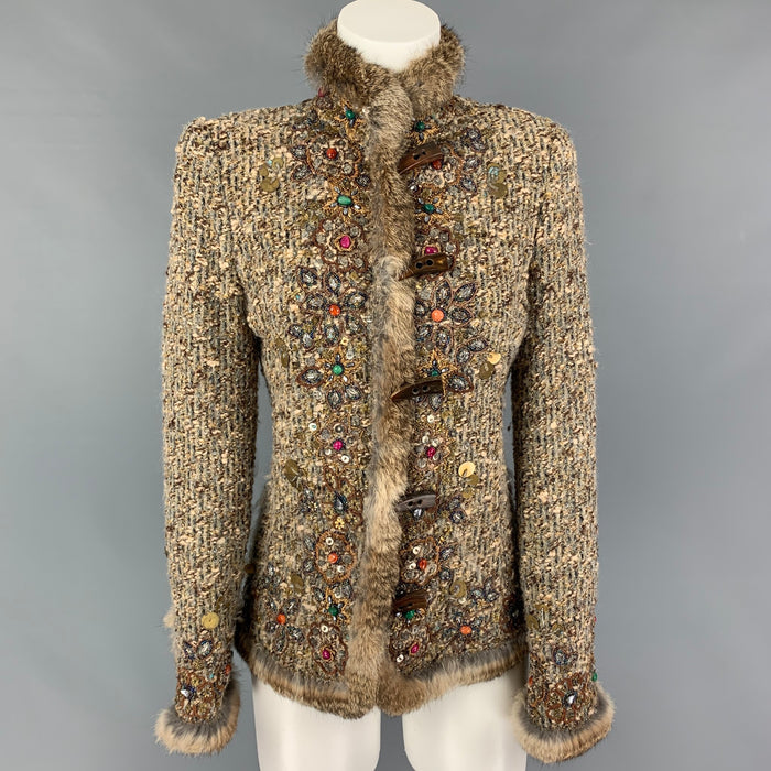 OSCAR DE LA RENTA Size 6 Taupe Wool Blend Embroidered Jacket