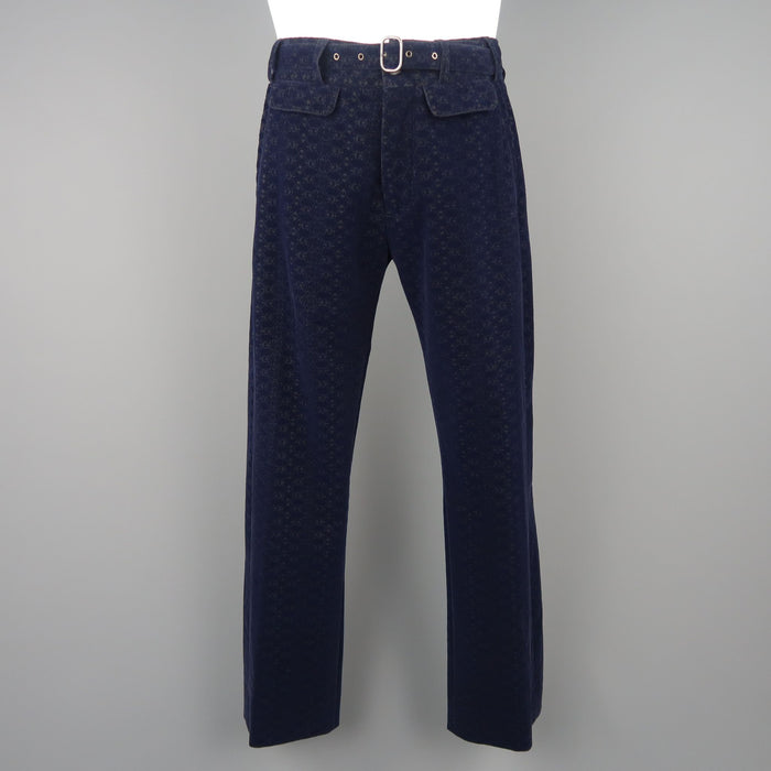 ROBERTO CAVALLI Size US 32 / IT 48 Navy Printed Velvet Belted Dress Pants