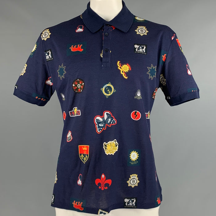 ALEXANDER MCQUEEN Size XXL Navy Multi-Color Print Cotton Buttoned Polo