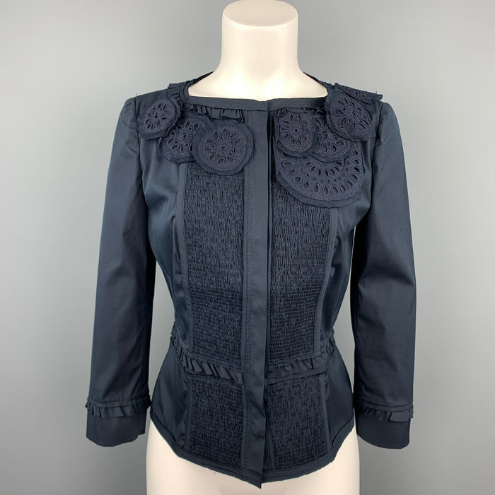PRADA Size 8 Navy Eyelet Cotton Collarless Jacket