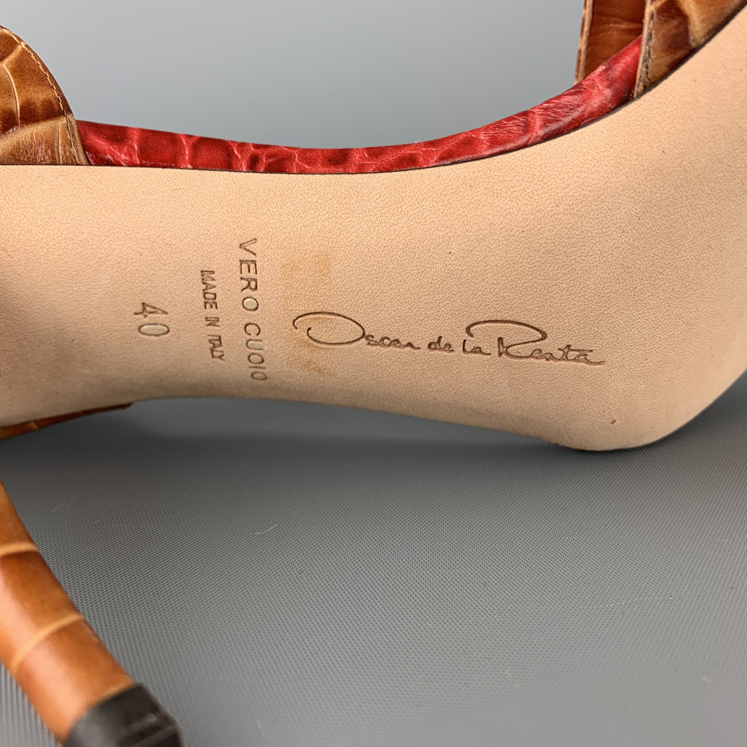 OSCAR DE LA RENTA Size 10 Brown Alligator Embossed Leather Chain Strap D'orsay Pumps