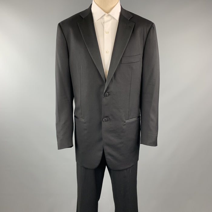 ISAIA 44 Black Solid Lana Wool 38 x 34 Notch Lapel Tuxedo