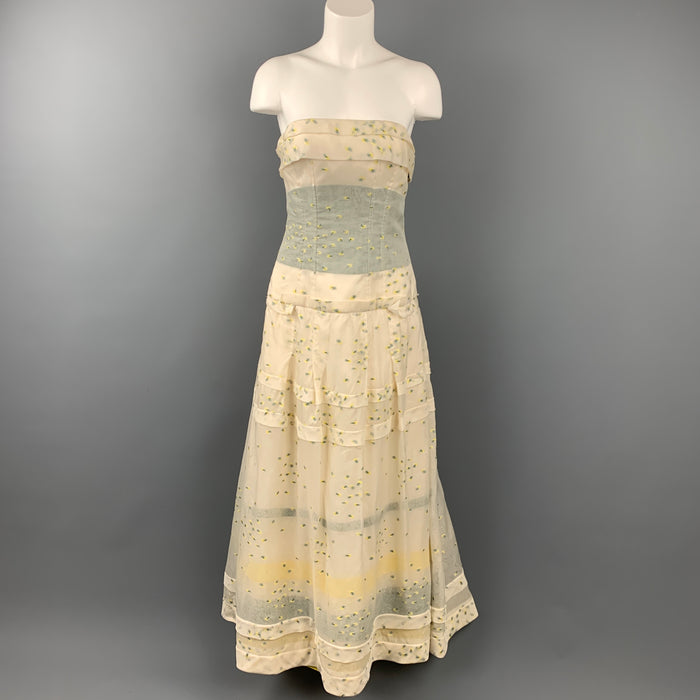 CAROLINA HERRERA Size M Cream & Yellow Acetate Blend Overlay Gown