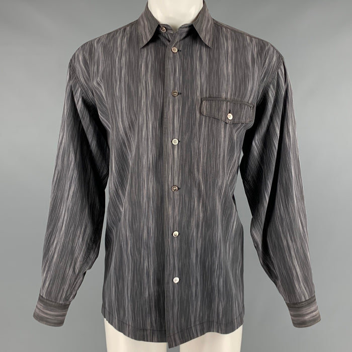ISSEY MIYAKE Size M Grey White Stripe Cotton One Pocket Long Sleeve Shirt