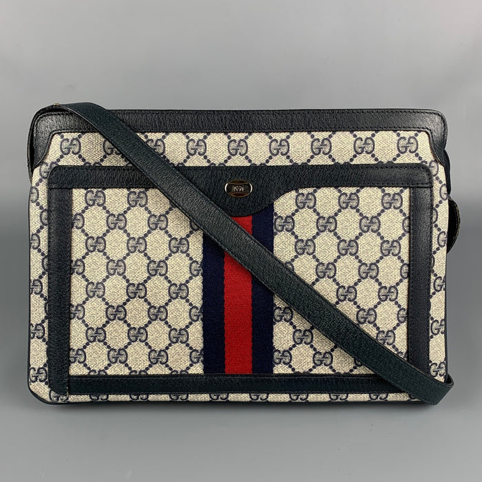 Vintage GUCCI Sherry Web Ophidia Accordion Navy & White Monogram Coated Canvas Leather Handbag
