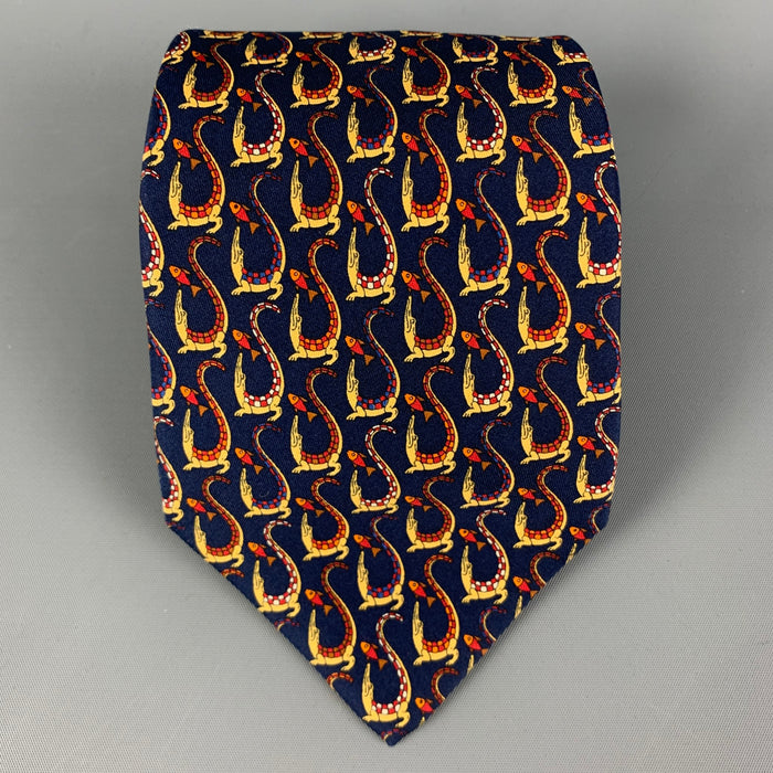 SALVATORE FERRAGAMO Navy Yellow Print Silk Tie