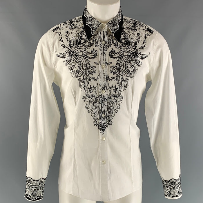 ETRO Size 14 White Black Cotton & Elastane Print Shirt