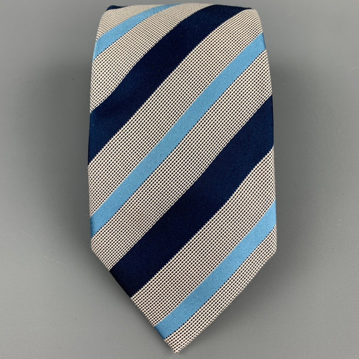 ERMENEGILDO ZEGNA Navy & White Diagonal Stripe Silk / Cotton Tie