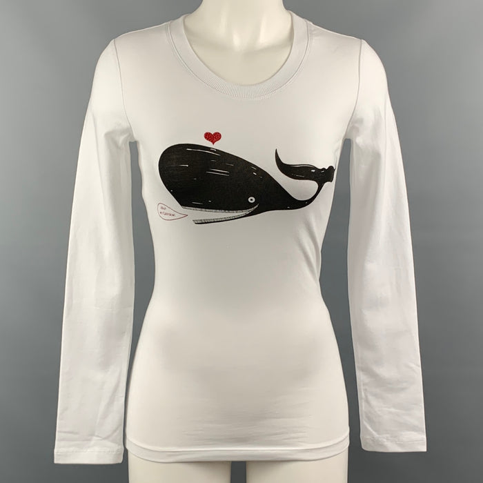 LOVE MOSCHINO Size 2 White Cotton / Elastane Black Graphic Rhinestones T-Shirt