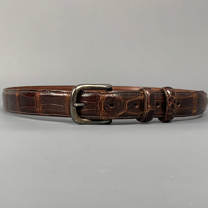 CALVIN KLEIN Size XL Brown Alligator Sterling Silver Belt
