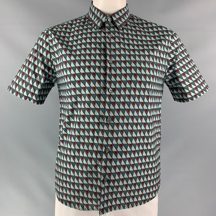 PRADA Size L Green & Brown Geometric Button Down Short Sleeve Shirt
