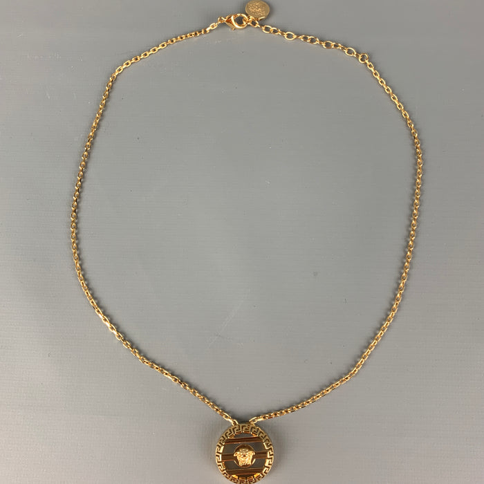 VERSACE Gold Tone Link Metal Round Cage Medusa Head Necklace
