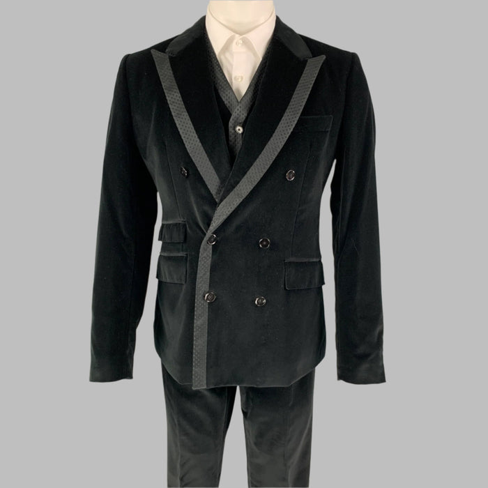 DOLCE & GABBANA Talla 40 R Traje cruzado de 3 piezas de terciopelo negro