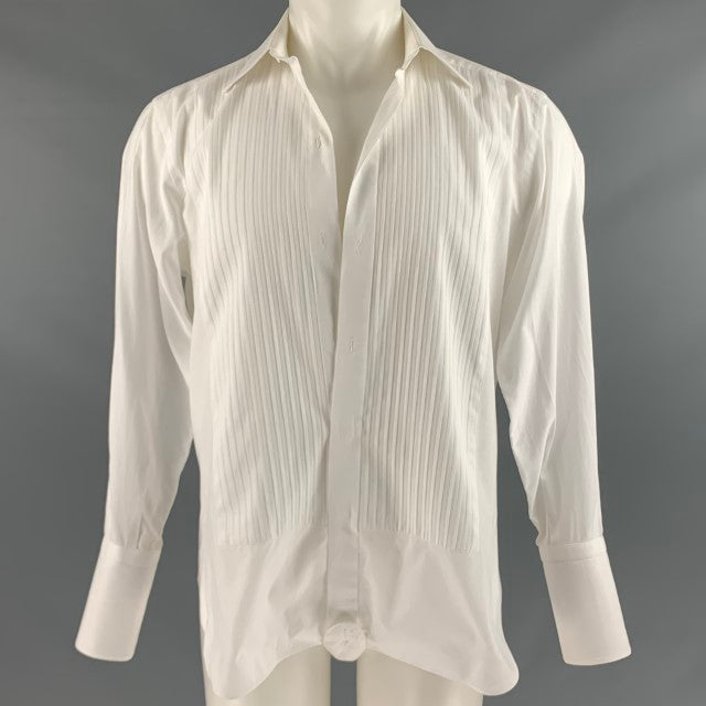 BRIONI Size 38 White Cotton Pleated Long Sleeve Tuxedo Shirt