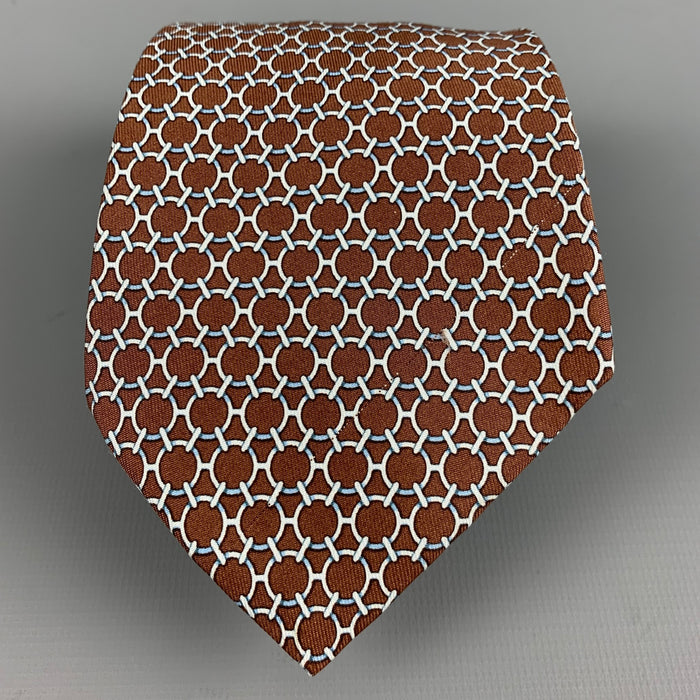 HERMES Brown White Silk Tie