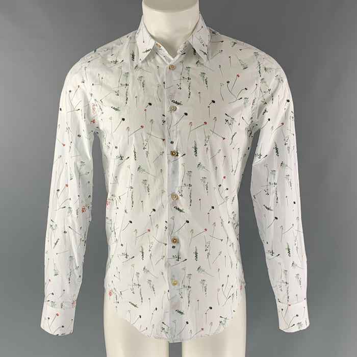PAUL SMITH Talla S Camisa de manga larga con botones de algodón con estampado blanco y verde