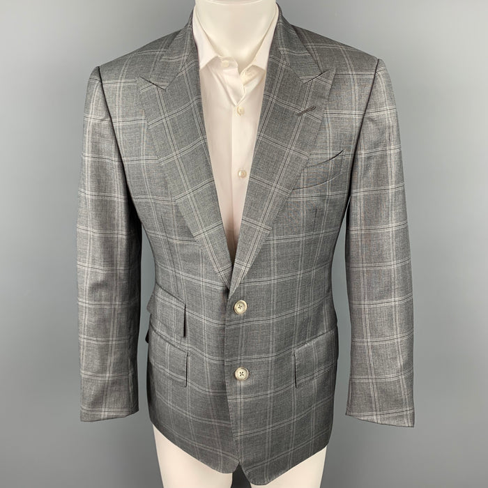 TOM FORD Size 40 Grey Plaid Wool Peak Lapel Sport Coat