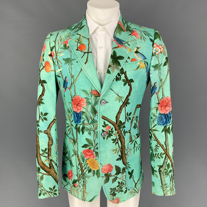 GUCCI SS 16 Size 40 Blue Multi-Color Floral Cotton Notch Lapel Sport Coat
