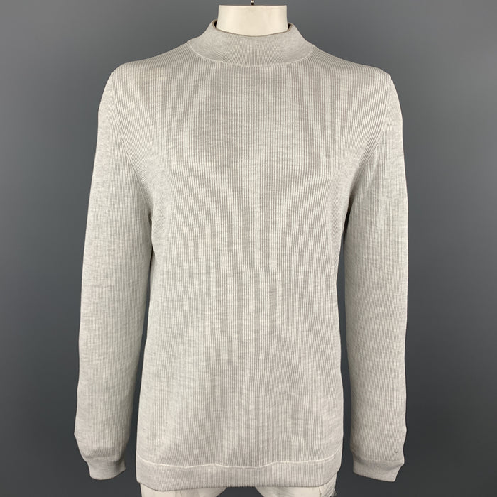 BRUNELLO CUCINELLI Size XL Light Grey Ribbed Knit Cotton High Mock Collar Pullover