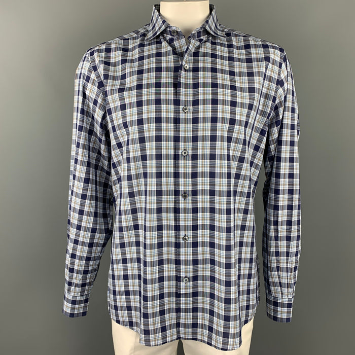 ERMENEGILDO ZEGNA Size XL Navy & White Plaid Cotton Long Sleeve Shirt