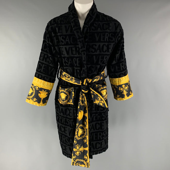 VERSACE Size S Black Gold Baroque Cotton Belted Cardigan