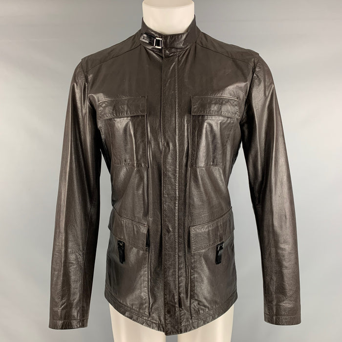 PRADA Size 38 Brown Solid Leather Zip & Snaps Jacket