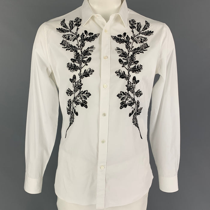 ALEXANDER MCQUEEN Size XL White Black Embroidery Cotton Long Sleeve Shirt
