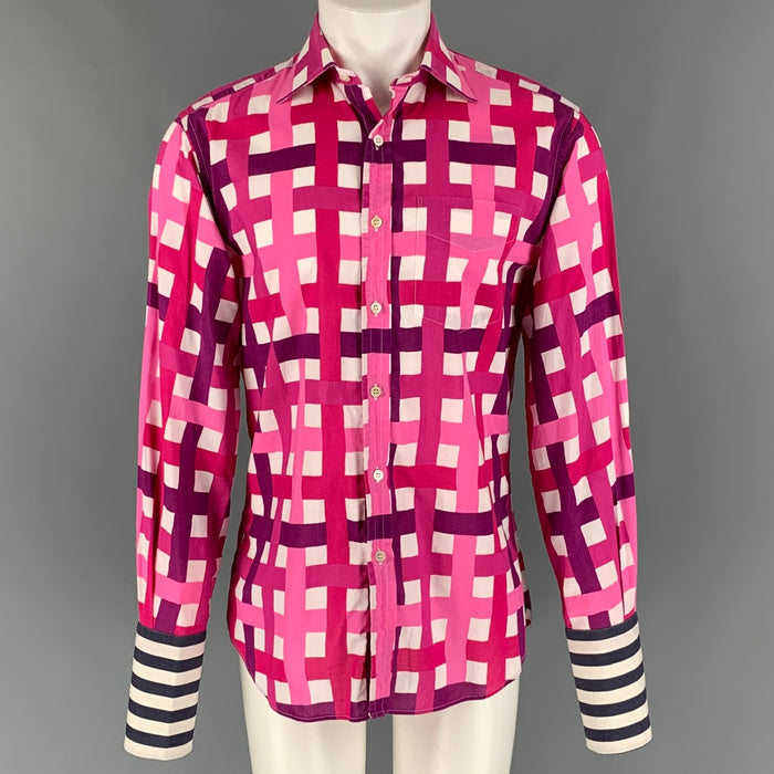 PAUL SMITH Talla S Camisa de manga larga con puño francés de algodón a cuadros blanco y rosa