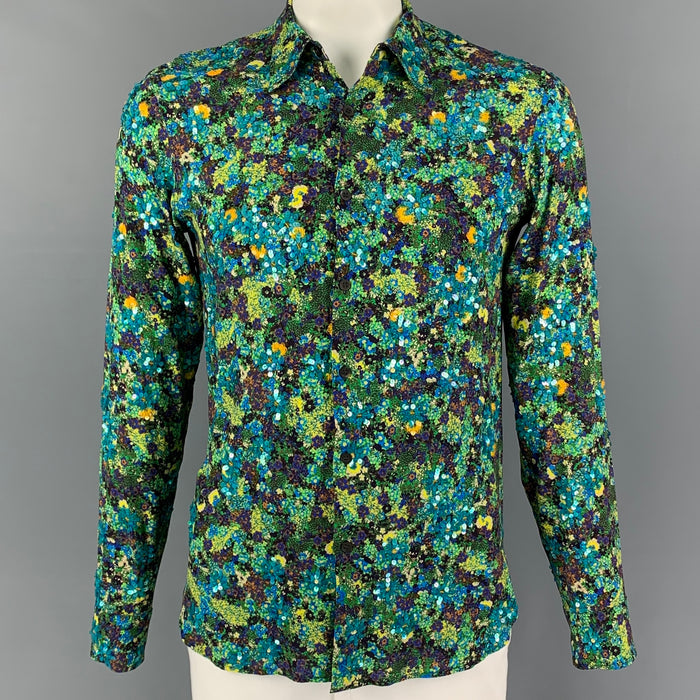 DRIES VAN NOTEN SS20 Sze M Green Blue Sequined Long Sleeve Shirt
