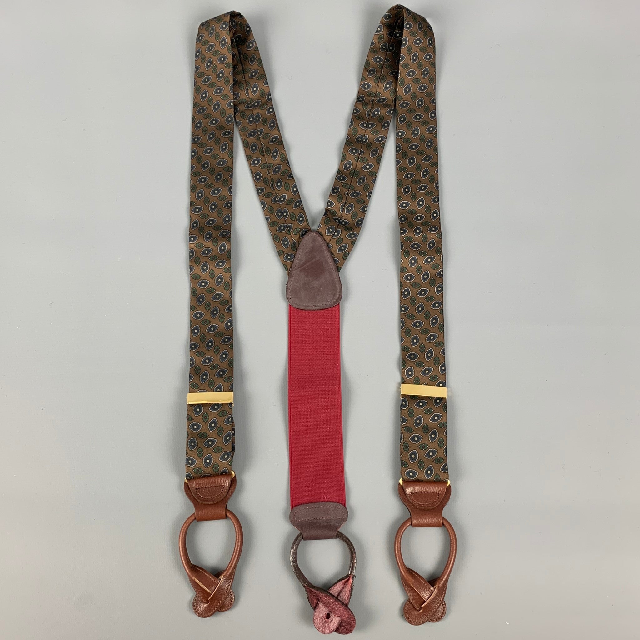TRAFALGAR Brown Navy Abstract Floral Silk Leather Suspenders – Sui Generis  Designer Consignment