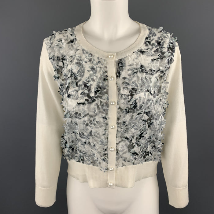 KARL LAGERFELD Size M White Knit Floral Textured Chiffon Front Cardigan