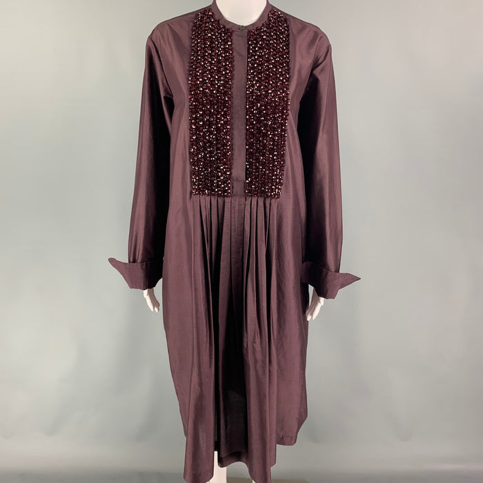 DRIES VAN NOTEN Size 4 Burgundy Silk Beaded Tunic Dress