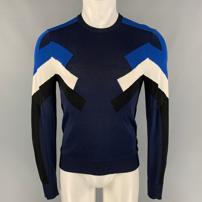 NEIL BARRETT Size S Navy Blue Geometric Viscose Fitted Crew-Neck Pullover