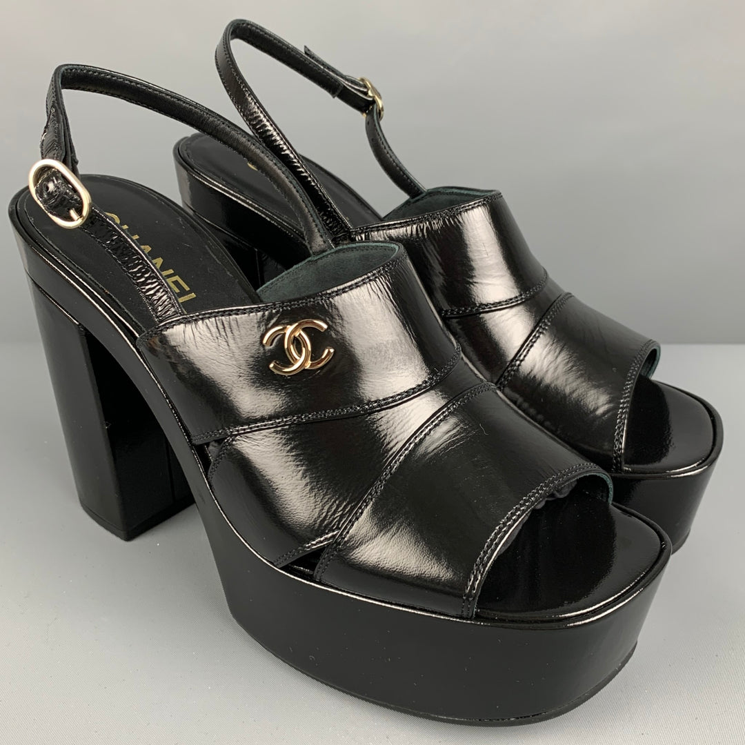 CHANEL Size 10.5 Black Patent Leather Platform Sandals