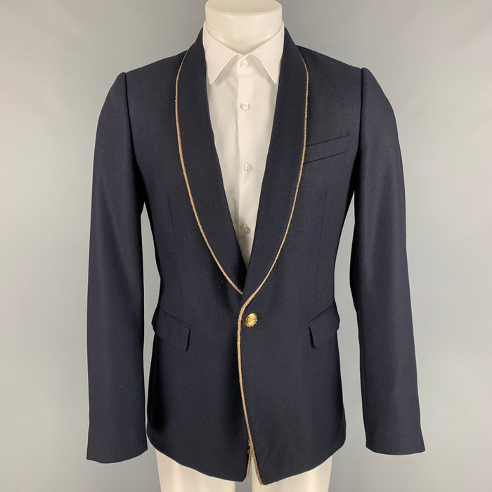DRIES VAN NOTEN Size 38 Navy Gold Woven Wool Blend Shawl Collar Sport Coat