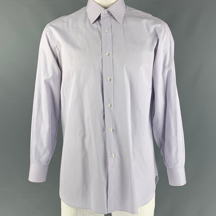 BRIONI Size L White, Blue & Orange Stripe Cotton Button Down Long Sleeve Shirt