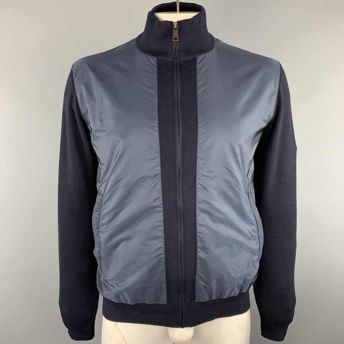 PRADA Size 42 Navy Nylon & Wool Zip Up High Collar Jacket