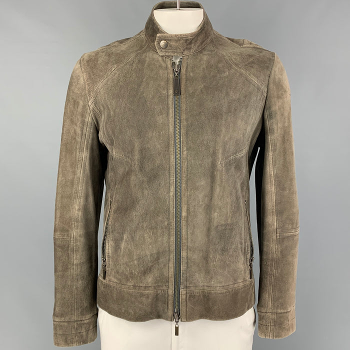 JUST CAVALLI Size 46 Moss Distressed Suede Zip Snaps Jacket