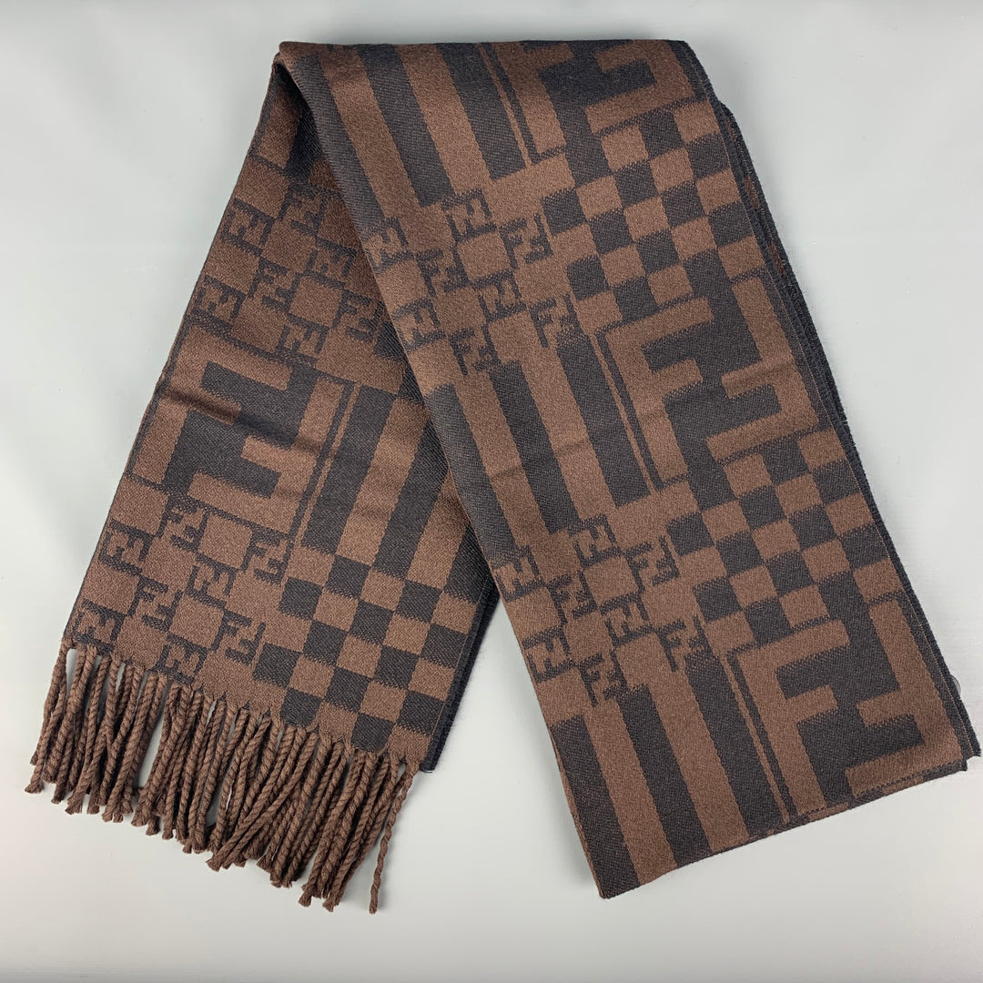 FENDI Brown Black Logo Wool Fringe Scarf