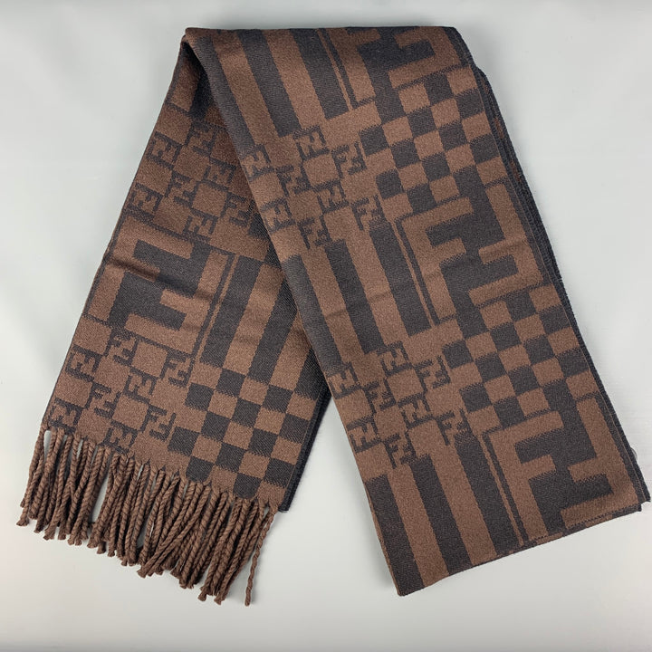 FENDI Brown Black Logo Wool Fringe Scarf