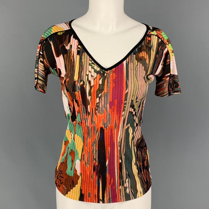 ETRO Size 4 Multi-Color Polyester Abstract Short Sleeve Casual Top