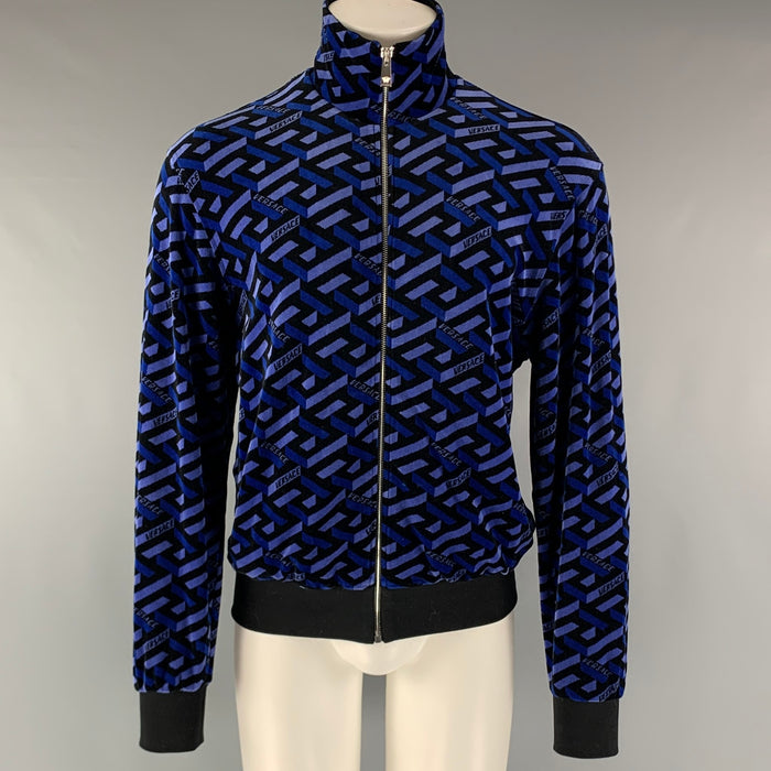 VERSACE Size M Black Blue Logo Cotton Zip Up Jacket